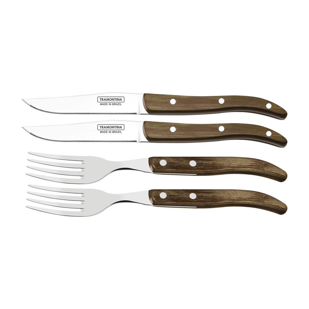 Two steak knives and two forks with wooden handles are arranged horizontally. The knives feature serrated edges and branding on the blades.