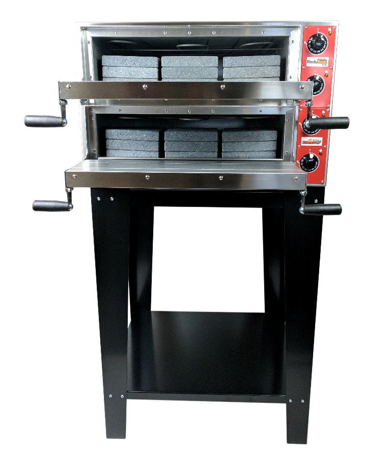 A commercial double-deck pizza oven with metal handles, a red control panel with dials on the right, and a black stand with a lower shelf. The oven doors are open, revealing stone baking surfaces.
