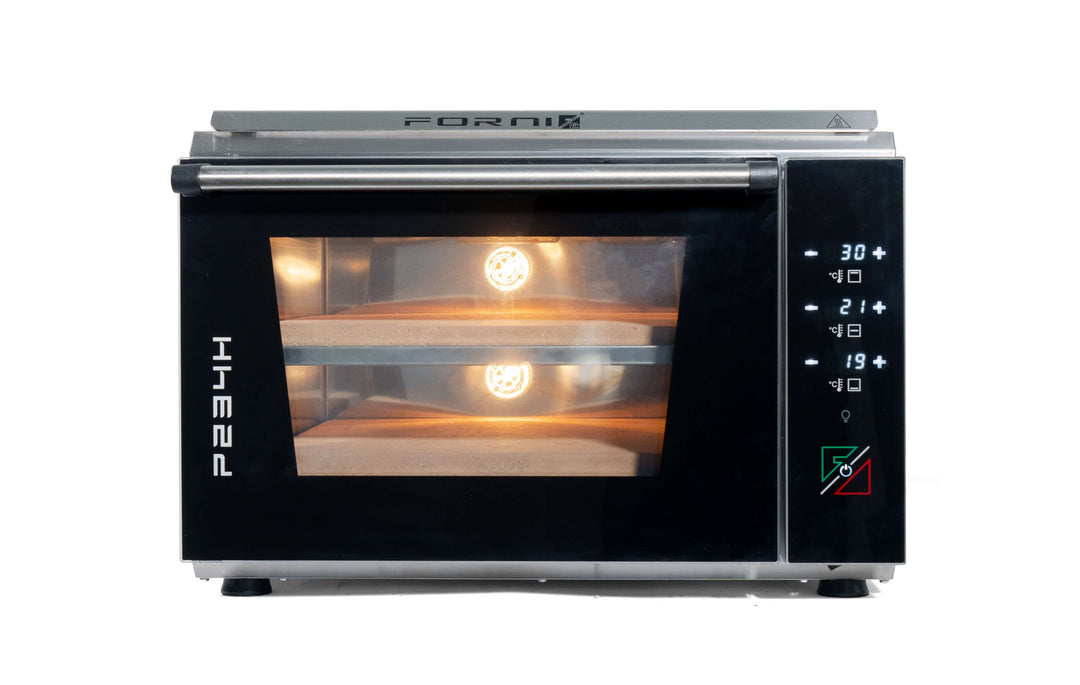 A stainless steel countertop pizza oven with a black glass door, two control knobs, and digital display on the right. The brand name P134H is visible on the door.
