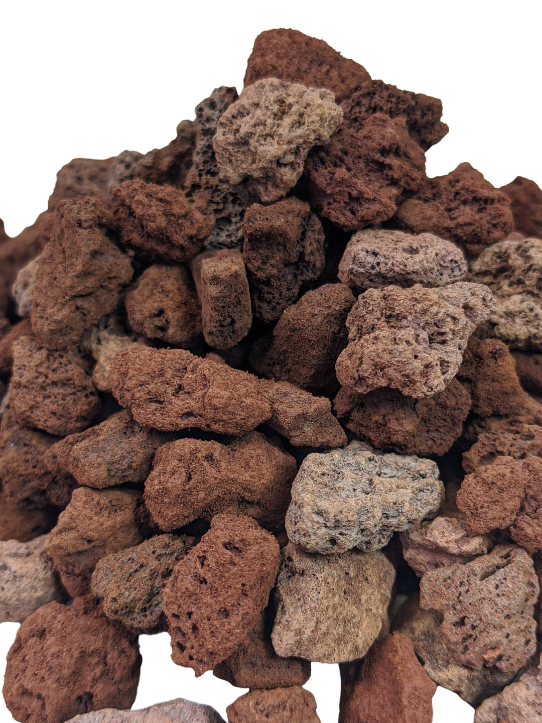 The Black Rock Grill Horticultural Lava Rocks (1-2cm, 20kg) feature uneven, earthy-colored stones in brown, gray, and reddish-brown. Known for their rough, porous texture, these rocks are perfect for hydroponic culture due to excellent water retention properties.