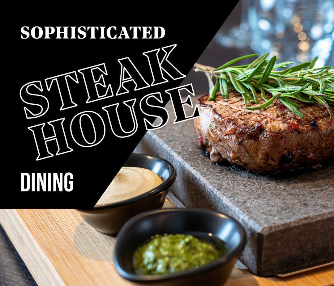 Close-up of a juicy steak garnished with rosemary on a stone slab, offering an interactive experience. Accompanied by small bowls of sauces. Text reads Sophisticated Steakhouse Dining featuring Black Rock Grills BR108 | 108 Rocks, 108 Plates, Rock Oven & Accessories in an elegant dining setting.