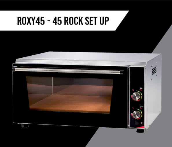 The silver and black electric oven from Black Rock Grill features two control knobs, a transparent door, and displays ROXY45 - 45 ROCK SET UP in the top left corner of a black and white banner, providing an interactive cooking experience.