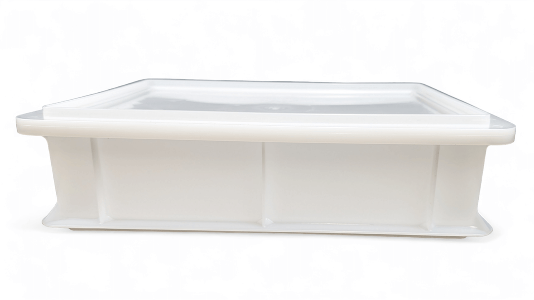 white dough pizza box front view with lid on