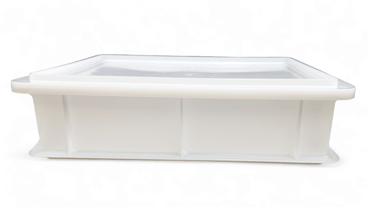 white dough pizza box front view with lid on