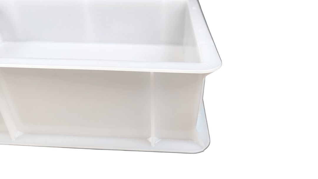 corner view of genus dei white plastic dough pizza box