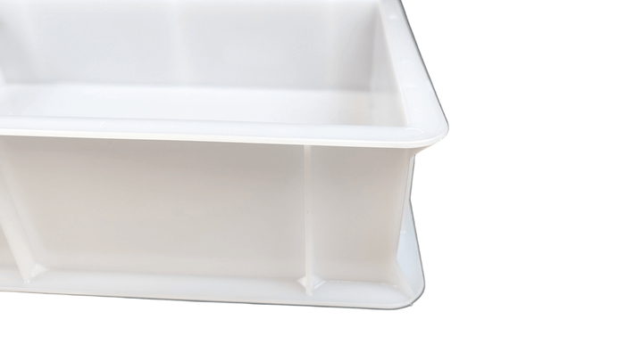 corner view of genus dei white plastic dough pizza box