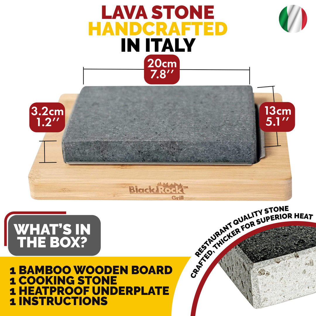 The Black Rock Grill Steak Stone Cooking Set features a black lava stone on a bamboo board (20cm x 13cm x 3.2cm) handcrafted in Italy, and includes a cooking stone, heatproof underplate, and healthy dining instructions.