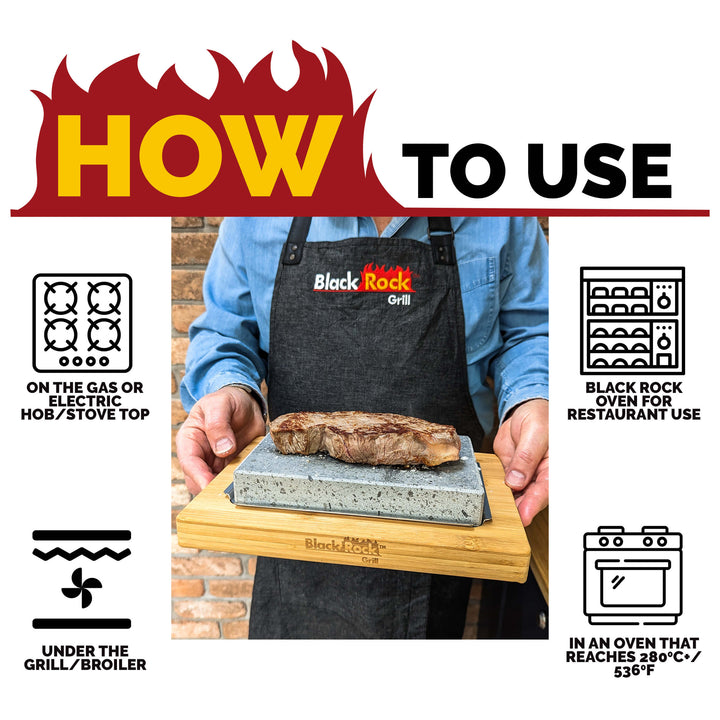 A person in a Black Rock Grill apron presents a cooked steak on the Black Rock Grill Hot Steak Stones Cooking Gift Set. Icons display heating options: gas/electric stove, grill/broiler, or oven at 280°C/536°F. Text: HOW TO USE.