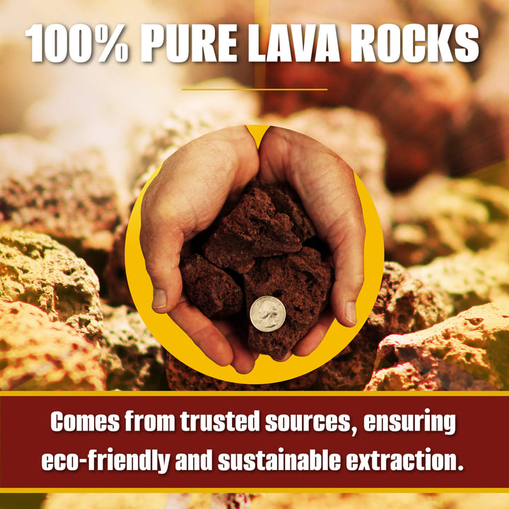 Hands holding pieces of dark brown Black Rock Grill Lava Rocks for Grilling (4-8cm), with a coin for scale, surrounded by more lava rocks. Text: "100% Pure Lava Rocks—ideal for gas BBQs, eco-friendly and sustainably sourced.