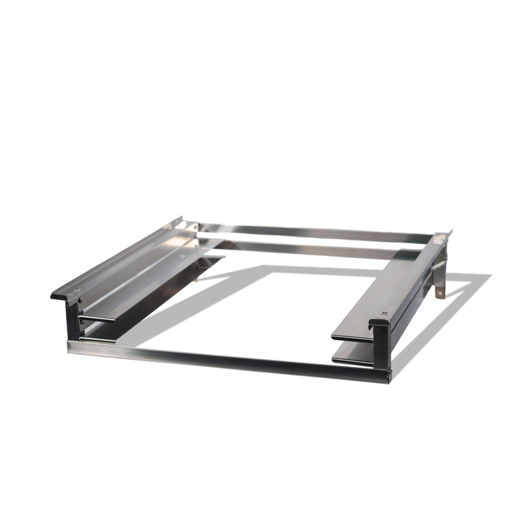 The Black Rock Grill Effeuno Stacking Kit for PRO & Evolution Ovens is a rectangular stainless steel frame with two parallel support bars and side brackets, perfect for safely double mounting ovens, shown on a white background with a faint shadow.