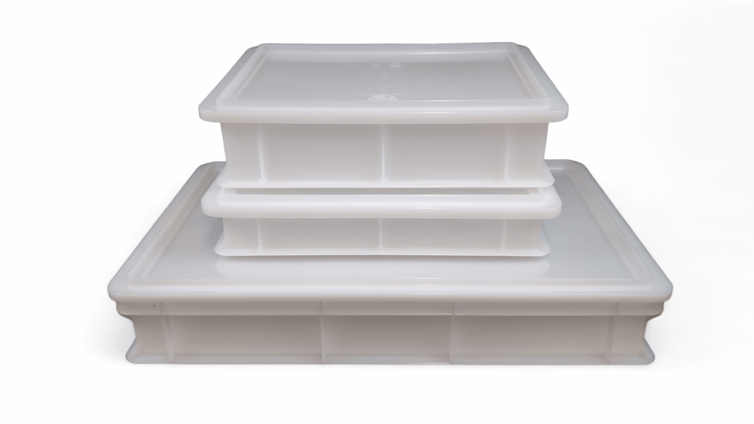 stack of 3 genus dei white pizza dough boxes in white