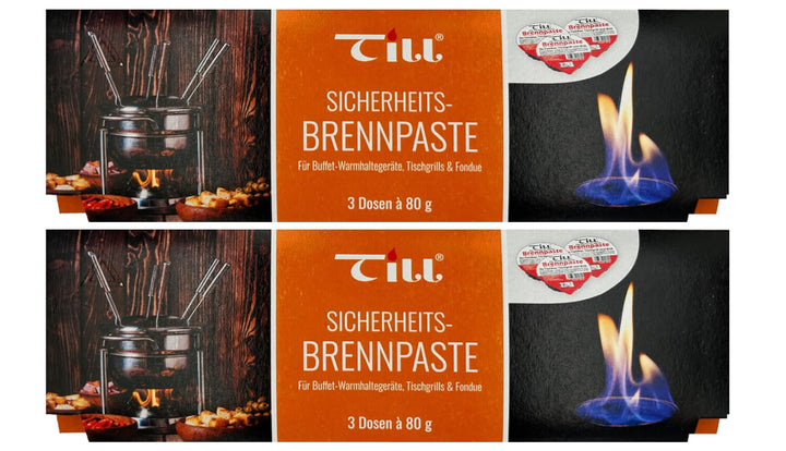 Two identical Till Brennpaste Fondue Fuel Gel packs by Black Rock Grill are shown, featuring a fondue pot with skewers and flames on the orange-labeled packaging. Perfect for fondue nights and use with Black Rock Grill products.