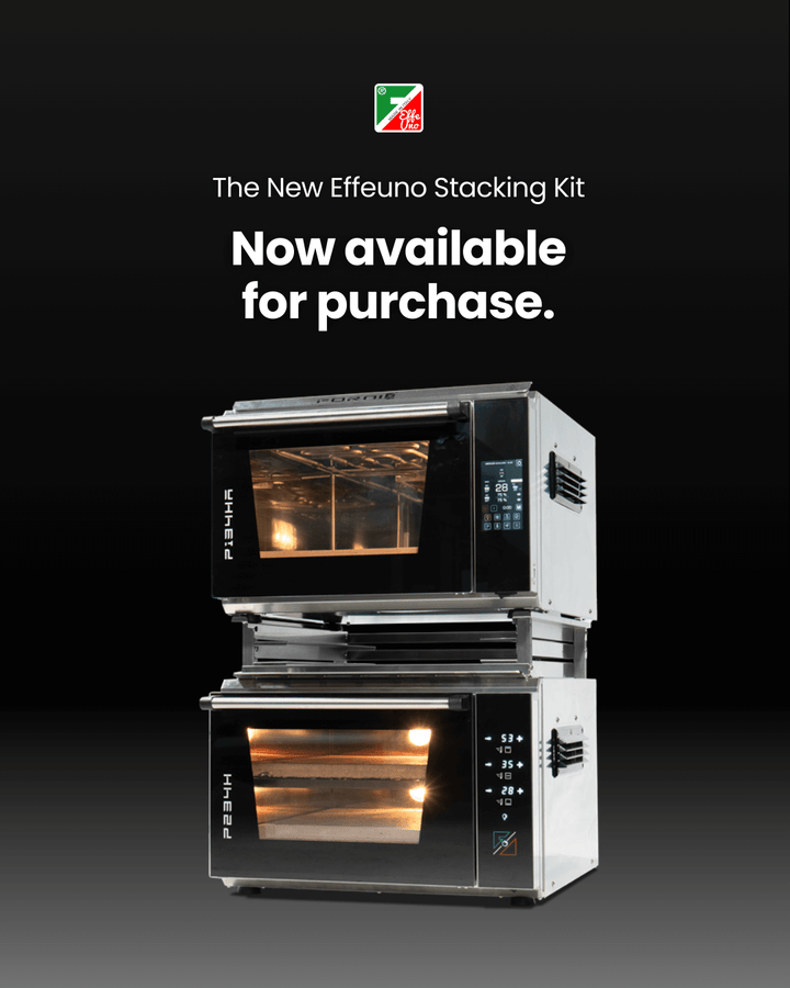 Two Effeuno PRO & Evolution ovens stacked with the Black Rock Grill Stacking Kit, shown on a black background with white text: The New Effeuno Stacking Kit for PRO & Evolution Ovens—Now available for purchase.