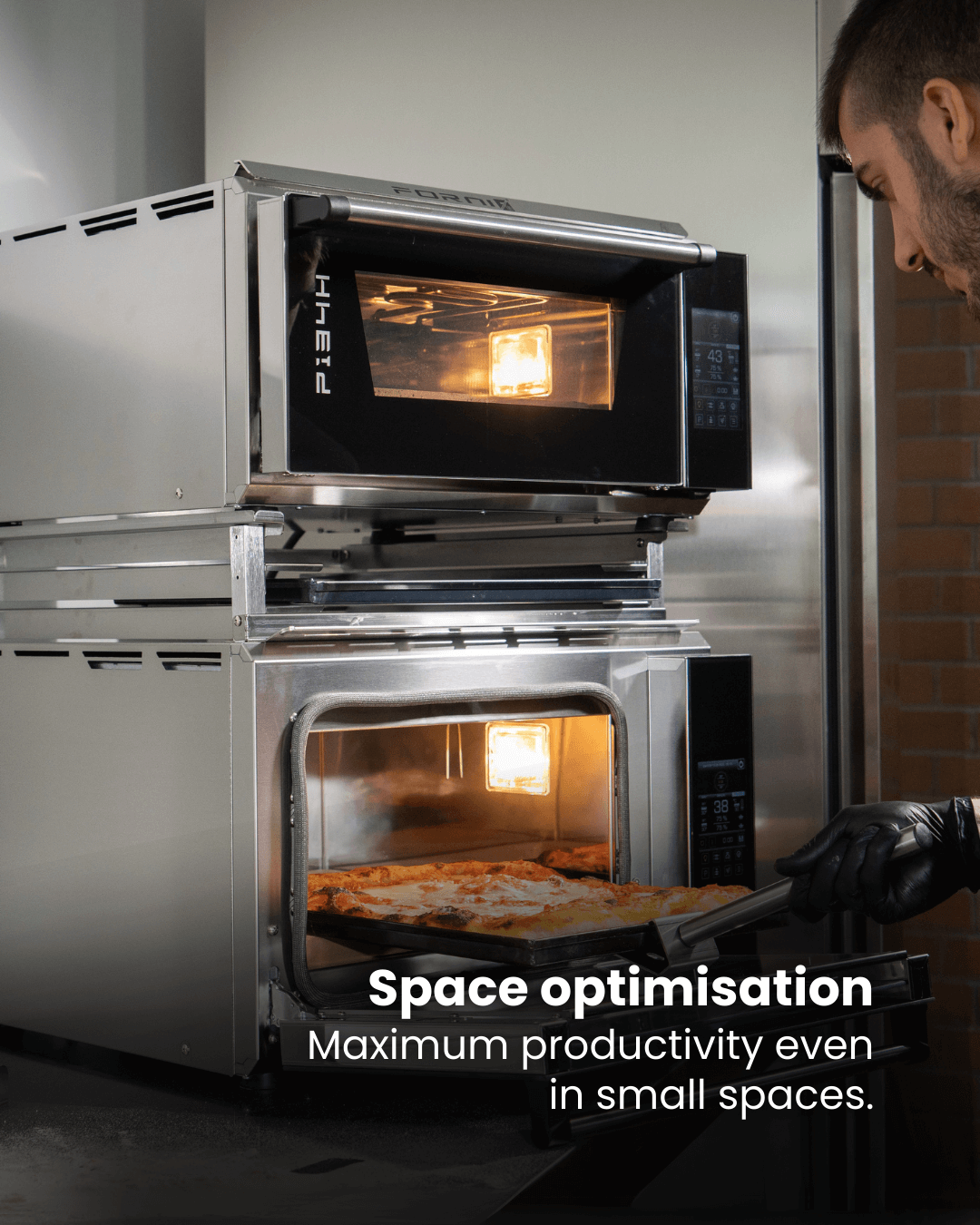 A person stacks two Black Rock Grill Effeuno PRO & Evolution ovens using the Stacking Kit. Text reads: Space saved. Boost productivity with the Effeuno Stacking Kit—even in compact kitchens.
