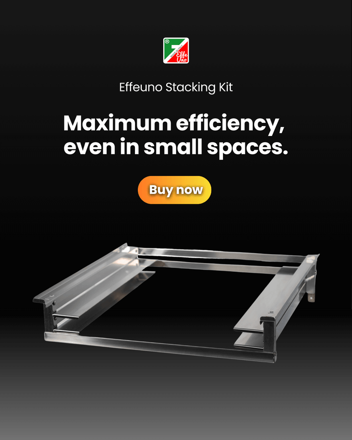 Effeuno Stacking Kit for PRO & Evolution Ovens by Black Rock Grill shown assembled on a black background with “Maximum efficiency, even in small spaces.” The Effeuno logo appears at the top and a “Buy now” button is displayed.