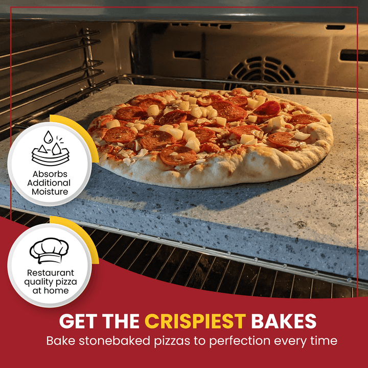 pizza baking in a oven on the lava stone