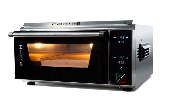 The Effeuno Pizza Oven P134H 509 PRO + Biscotto Clay Stone is a professional stainless steel countertop oven with a transparent front door and digital controls. It features a display with blue and red temperature settings and an internal light showcasing its stone baking surface.