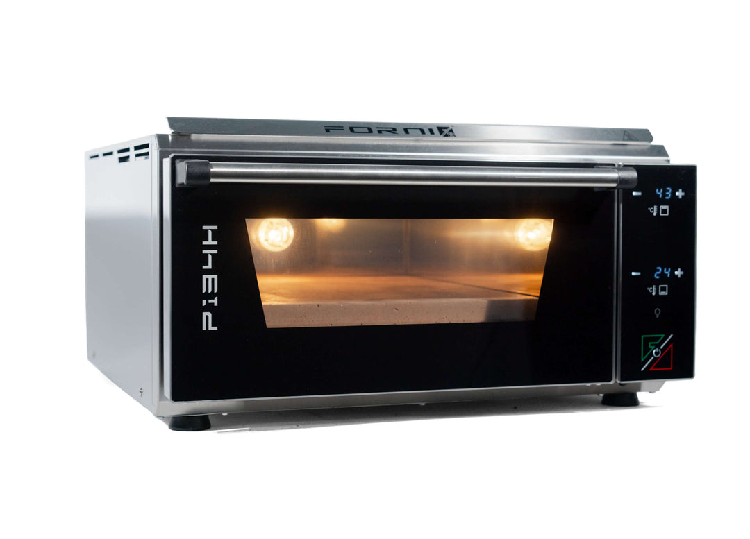 The Effeuno Pizza Oven P134H 509 PRO + Biscotto Stone, made of stainless steel with a glass door, includes right-side illuminated digital controls and indicators. Inside, it is well-lit, highlighting its stone cooking surface—ideal for making professional-grade pizzas.