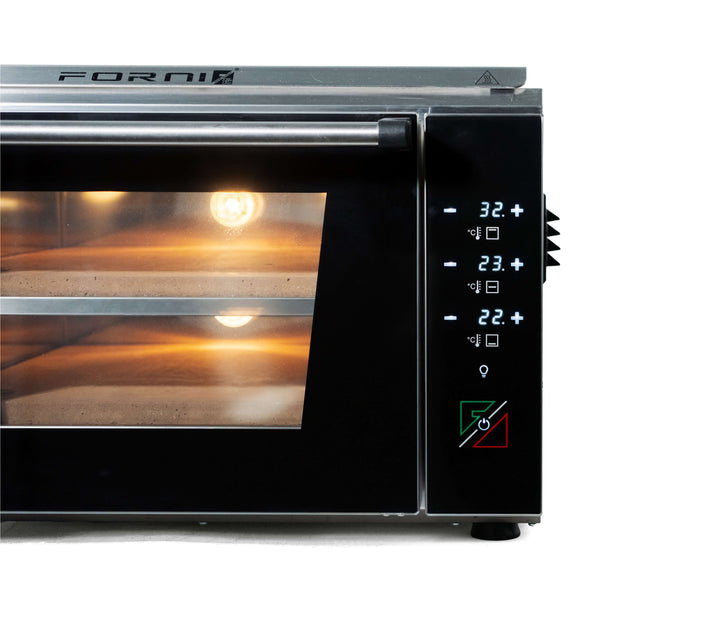 Close-up of a black Effeuno Pizza Oven P234H 509 PRO + Biscotto Stone with digital display showing temperatures 32, 23, and 22 degrees. The glass door reveals a lit interior with two shelves, and control icons on the panel resemble those on professional pizza ovens.