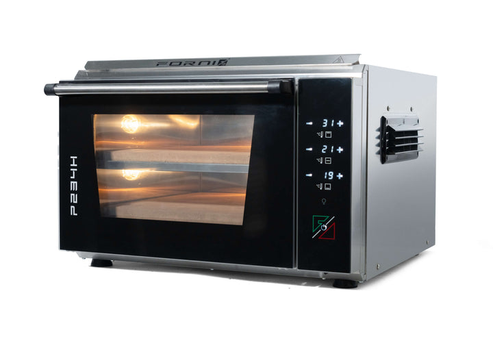 The Effeuno Pizza Oven P234H 509 PRO + Biscotto Stone is a stainless steel countertop unit with a glass door and dual interior lights. It has digital settings, icons on the side panel, and the brand logo on top, making it perfect for those desiring professional-quality pizza ovens.