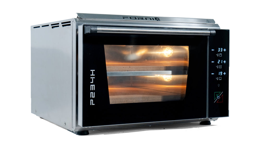 The Effeuno Pizza Oven P234H 509 PRO + Biscotto Stone is a stainless steel countertop oven featuring a transparent door with two shelves. Its right-side control panel includes temperature settings, digital indicators, and buttons for precision similar to professional pizza ovens.