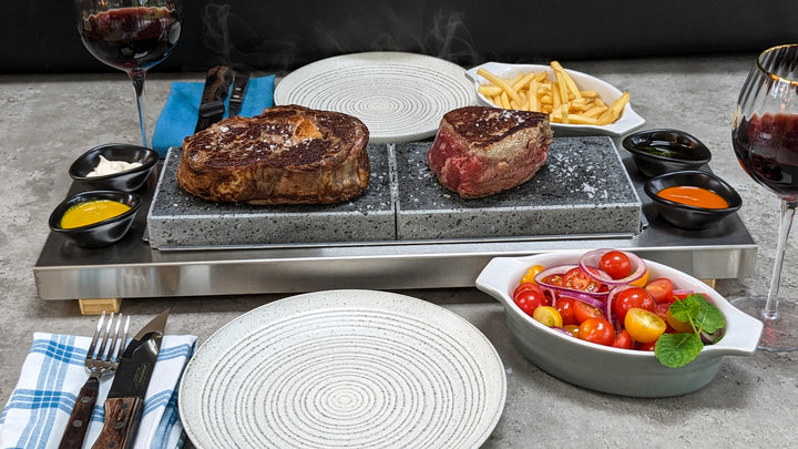 steak dinner set up wine, steaks, chips, slad. date night steak night set up