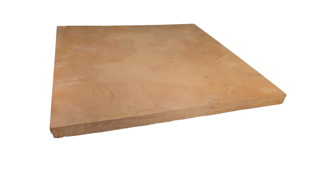 A single, square Handmade Italian Biscotto Clay Pizza Stone by Effeuno is pictured on a white background; this artisan-fired, 100% natural stone features a light-brown, unglazed surface ideal for authentic Neapolitan pizza baking.