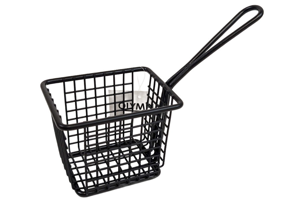 The Olympia Serving Chip Rectangle Basket (10 x 8 x 8cm) is a small, black grid basket with a long handle, perfect for stylishly serving snacks or fries.