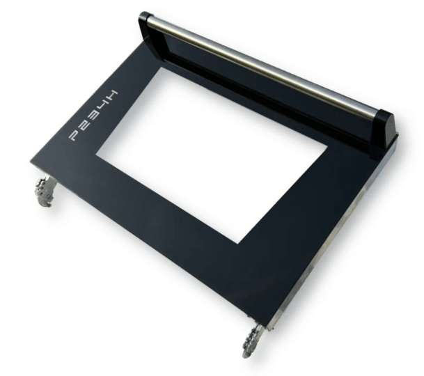 An overhead view of a sleek tray with a roller handle and small wheels, compatible with the Effeuno P234H Complete Oven Door with Hinges and Triple Glass by Black Rock Grill. It is black, has a rectangular cutout, and features engraved text on the side.