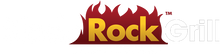 The logo features the words Rock Grill with Rock in gradient orange and Grill in gray. Flames rise above the text, adding a fiery effect. The background is white.