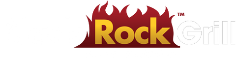 The logo features the words Rock Grill with Rock in gradient orange and Grill in gray. Flames rise above the text, adding a fiery effect. The background is white.