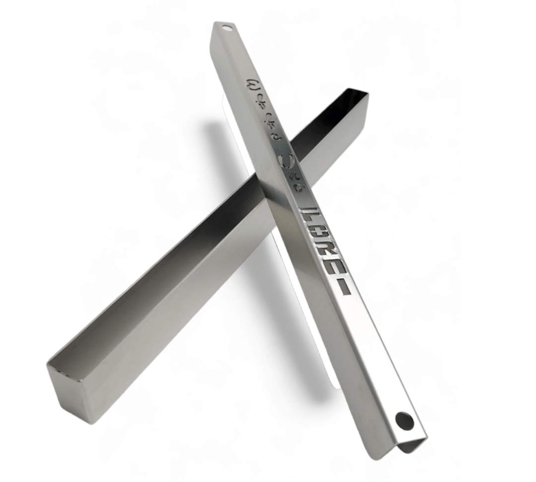 Two metallic rods cross diagonally, one with engraved text and a reflective surface, showcasing a sleek design similar to an Effeuno Steamer for baking Bread. Each rod has a small hole near the top for precise moisture control.