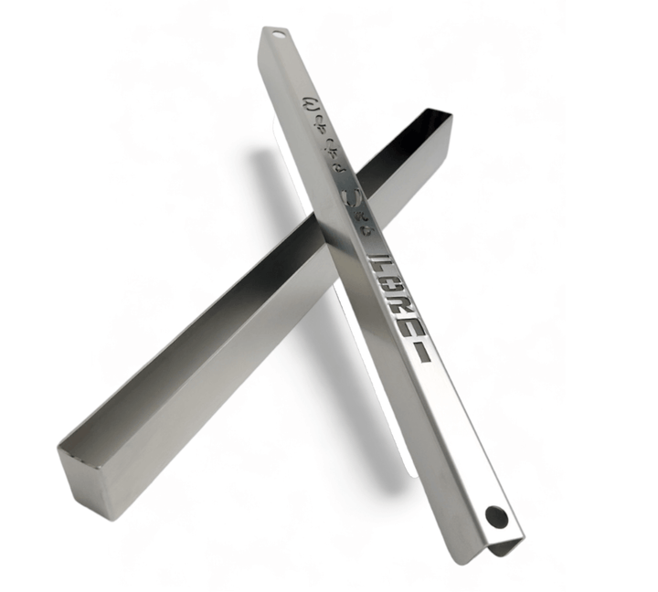 Two metallic rods cross diagonally, one with engraved text and a reflective surface, showcasing a sleek design similar to an Effeuno Steamer for baking Bread. Each rod has a small hole near the top for precise moisture control.