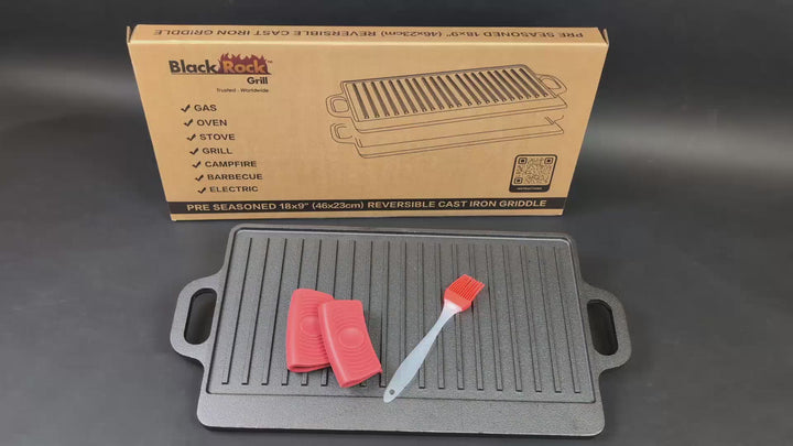 Large Reversible Cast Iron Griddle Pan with Silicone Grip Handles | BBQ Griddle Plate for Gas, Electric Hob, Oven - 46cm x 23cm (18"x9") + Marinating Oil Brush