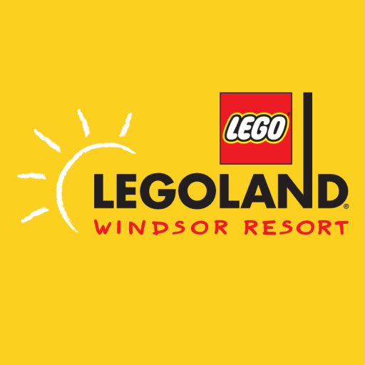 Logo for LEGOLAND Windsor Resort on a yellow background. Features a white stylized sun and the LEGO logo.