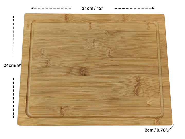 The Black Rock Grill Wooden Serving Steak Boards are rectangular with a groove along the edge. Made from sustainable bamboo, they measure 31cm x 24cm x 2cm, displaying a beautiful grain treated with food-grade oil for enhanced durability and style.