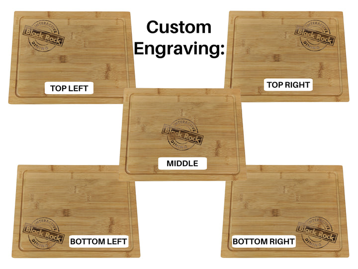 Five Black Rock Grill Wooden Serving Steak Boards, made from sustainable bamboo, are ready for customization with engraving spots labeled Top Left, Top Right, Middle, Bottom Left, and Bottom Right. The phrase Custom Engraving sits centered at the top.