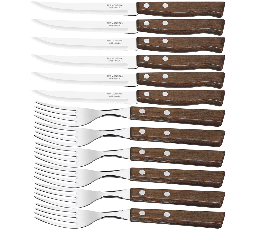 The Black Rock Grill Steak Stone Grill & Effeuno Pizza Oven Combo Package includes a set of eight steak knives and forks with brown wooden handles, each featuring three metal rivets for durability—ideal for your next pizza night, with cutlery neatly arranged in two rows.