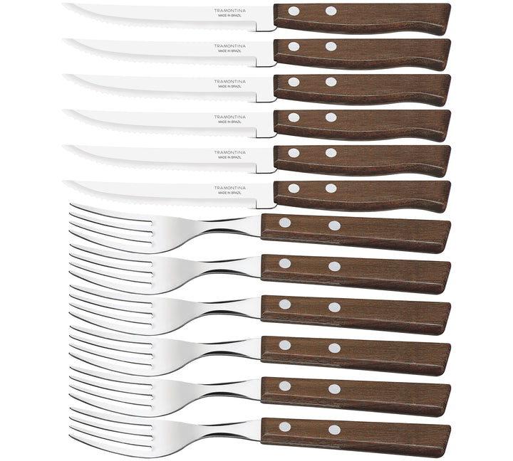 The Black Rock Grill Steak Stone Grill & Effeuno Pizza Oven Combo Package includes a set of eight steak knives and forks with brown wooden handles, each featuring three metal rivets for durability—ideal for your next pizza night, with cutlery neatly arranged in two rows.