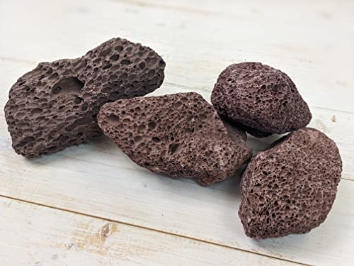A light wooden surface displays four irregularly shaped Black Rock Grill Large Lava Rocks, each between 8-15cm. These dark brown, porous stones resemble lava rocks with an airy texture and small holes ideal for hydroponic horticulture.