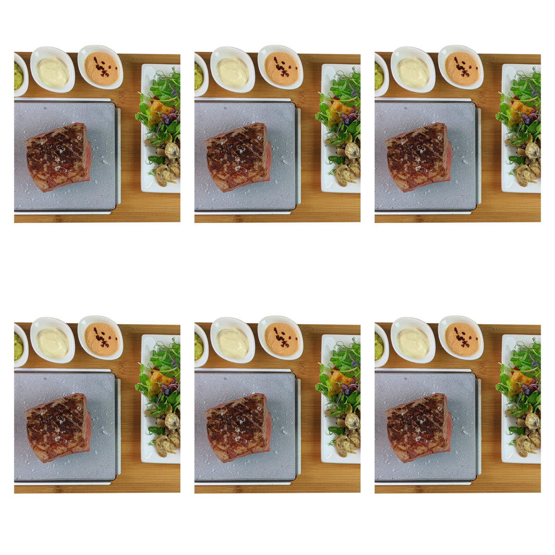 A collage of six identical images highlights the Black Rock Grill Steak On The Stone Set. This hot stone dining experience by Black Rock Grill features a plated steak, salad, mushrooms, and two small bowls of sauces on a wooden table.