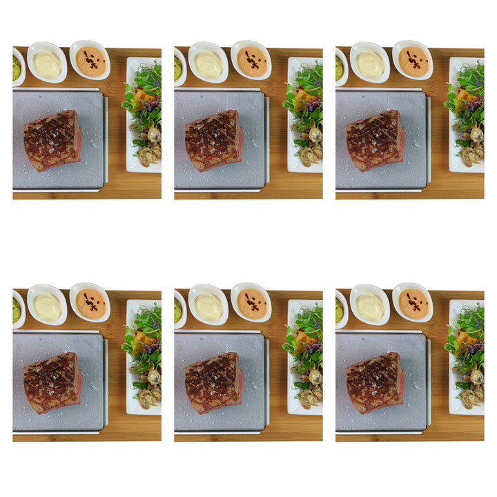 A collage of six identical images highlights the Black Rock Grill Steak On The Stone Set. This hot stone dining experience by Black Rock Grill features a plated steak, salad, mushrooms, and two small bowls of sauces on a wooden table.