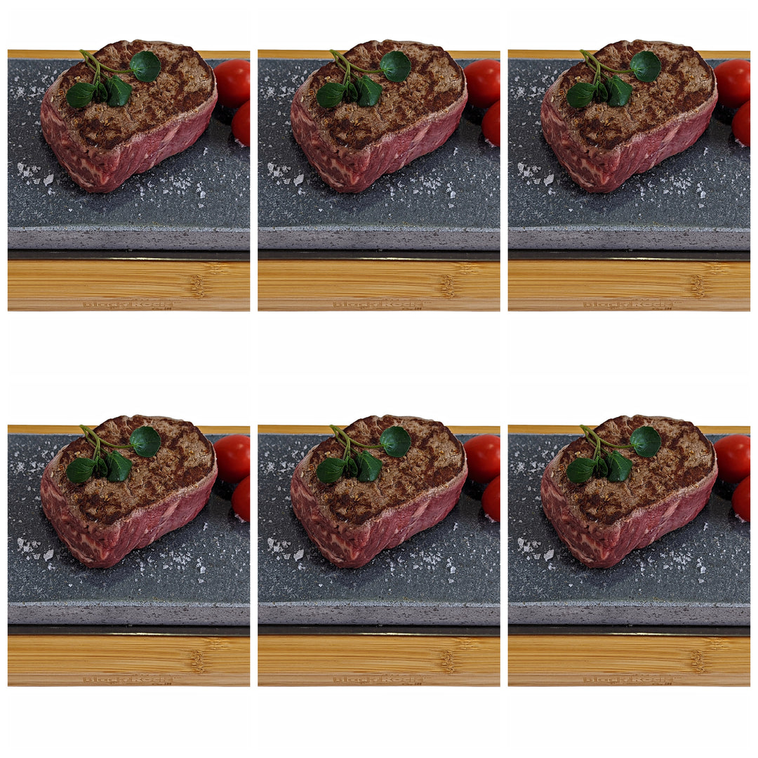 Six identical images highlight the Steak Stone Cooking Set by Black Rock Grill, featuring raw steak with seasoning and garnish on a black slate board. Cherry tomatoes and a sprinkle of salt enhance the setup, all positioned on a wooden surface to evoke an enticing healthy dining experience.