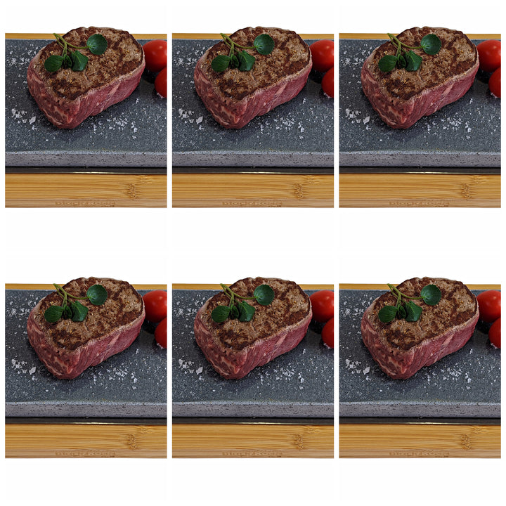 Six identical images highlight the Steak Stone Cooking Set by Black Rock Grill, featuring raw steak with seasoning and garnish on a black slate board. Cherry tomatoes and a sprinkle of salt enhance the setup, all positioned on a wooden surface to evoke an enticing healthy dining experience.
