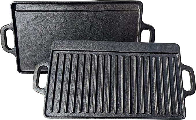 Choice 16 1/2 x 9 1/2 Pre-Seasoned Reversible Cast Iron Griddle and Grill  Pan with Handles