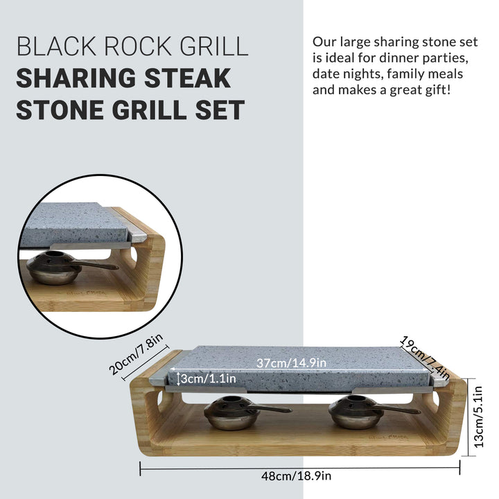 Discover the Black Rock Grill Sharing Steak Stones Grill Gift Set, ideal for hot stone cooking. This set features a 37cm x 19cm stone on a 48cm x 20cm wooden base with two small metal dishes underneath, perfect for gatherings.