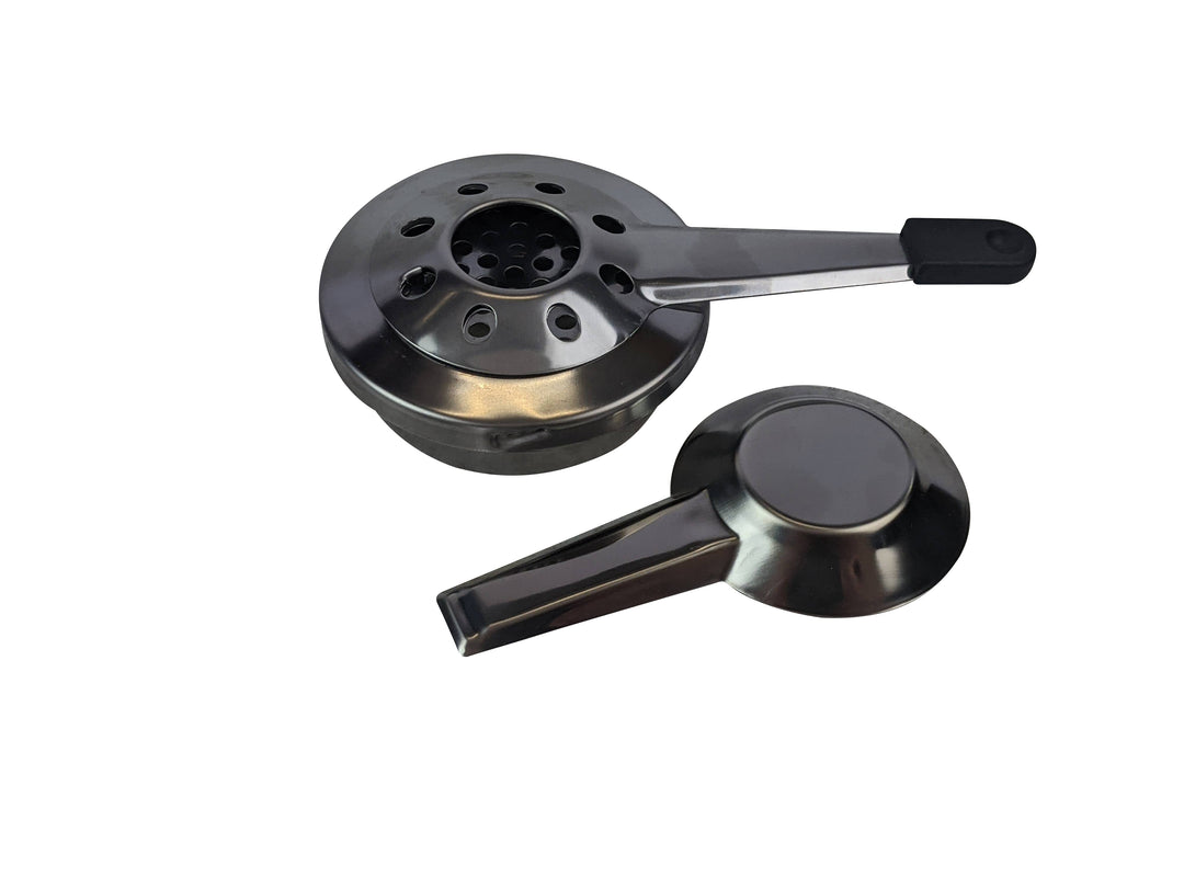 On a white background, two stainless steel hookah bowl tops display a circular design with multiple holes and handles, one with a black rubber tip. Ideal for precision in flame control, akin to the Fondue Pot Burner Stainless Steel Set by Black Rock Grill.