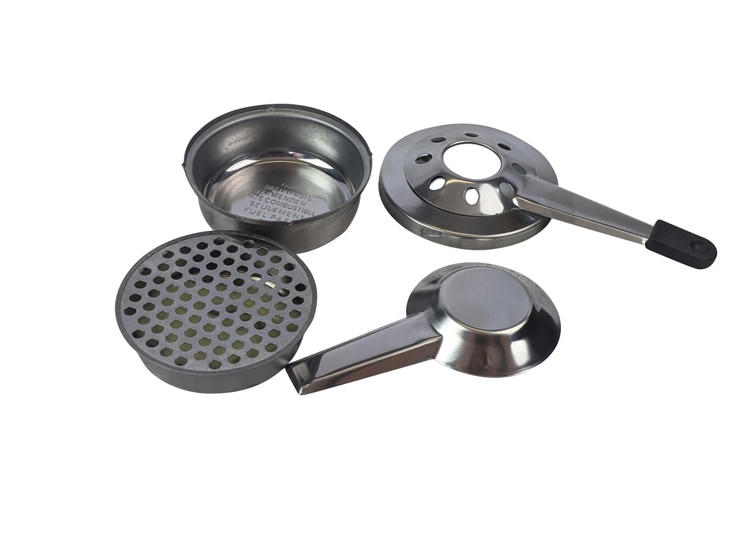 Four parts of a stainless steel moka pot—funnel with handle, brewing basket, water chamber, and top part with spout and black handle—are elegantly arranged. Their sleek design mirrors that of the Black Rock Grill Fondue Pot Burner Stainless Steel Set, renowned for precision flame control.