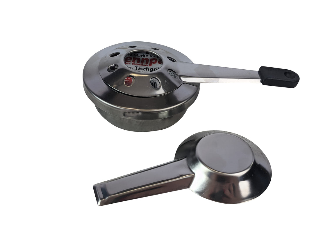 Two elegant stainless steel stovetop espresso makers feature black handles and a polished finish; one shows text on its closed lid, the other highlights its design. Perfect for any kitchen, theyre as essential as Black Rock Grills Fondue Pot Burner Stainless Steel Set for gourmet adventures.