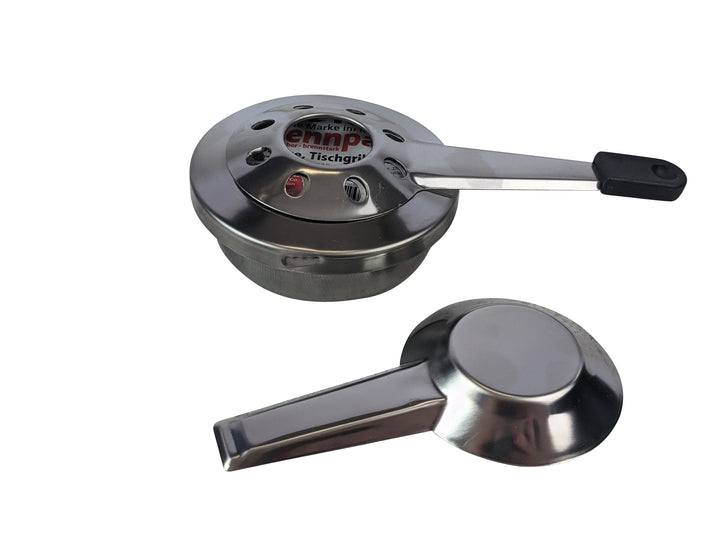 Two elegant stainless steel stovetop espresso makers feature black handles and a polished finish; one shows text on its closed lid, the other highlights its design. Perfect for any kitchen, theyre as essential as Black Rock Grills Fondue Pot Burner Stainless Steel Set for gourmet adventures.